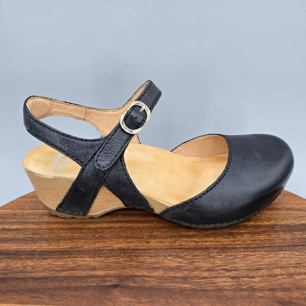 Dansko Sandals Womens 8.5 Black Milled Leather Tiffani Mary Jane Wedge Comfort